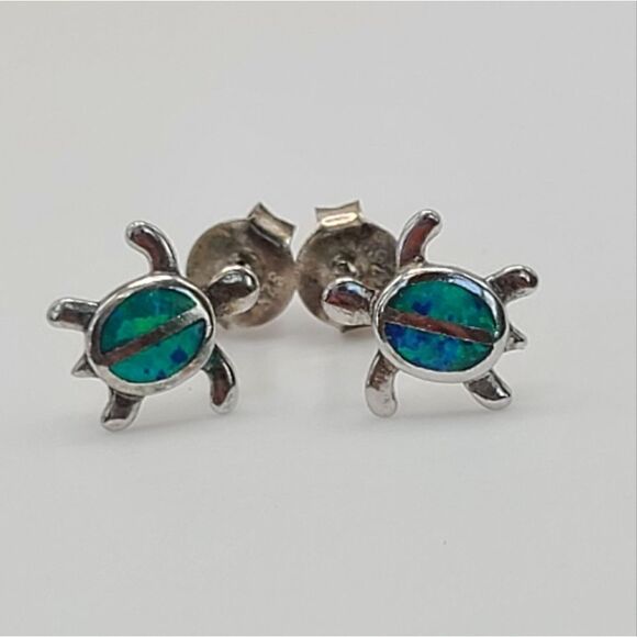 Sterling Silver Sea Turtles, opal inlay earrings, pierced - Picture 3 of 5